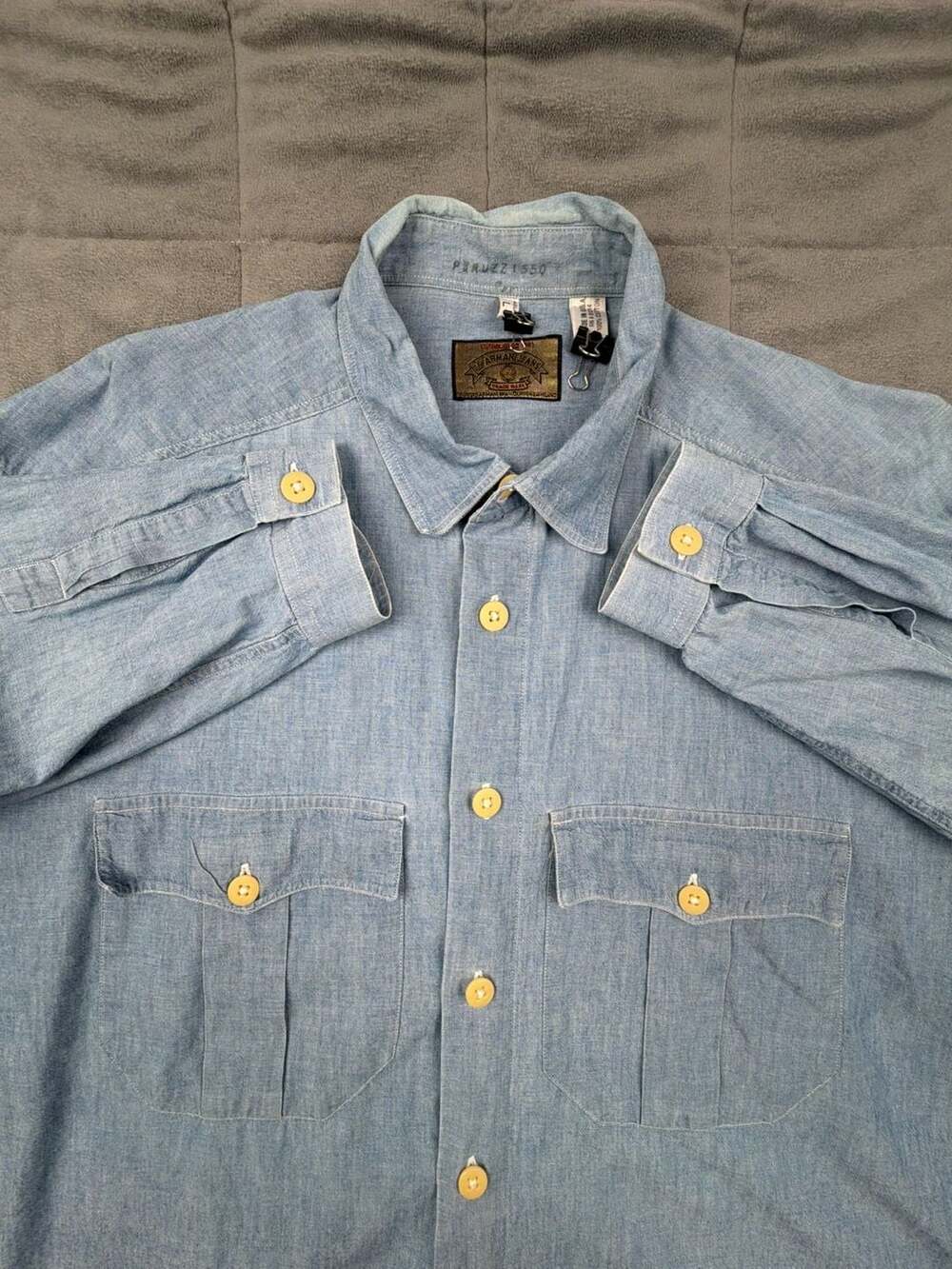 Vintage 90s Armani Jeans Men's Light Blue Cotton Chambray Long Sleeve Work Shirt